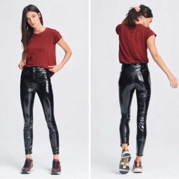 Rag and Bone Pants Super High Ankle Skinny Vinyl Black Patent 24 NWT - Picture 3 of 11